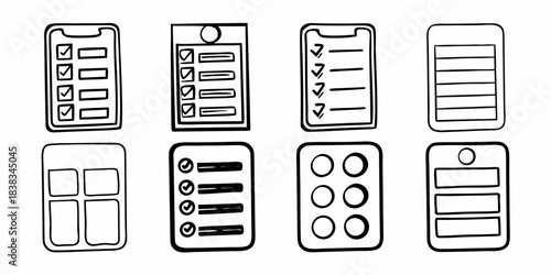 Diverse Hand-Drawn Icons for Mobile App Interface Design, Featuring Checklists, Data Entry Forms, and Various Screen Layouts for Digital Experience