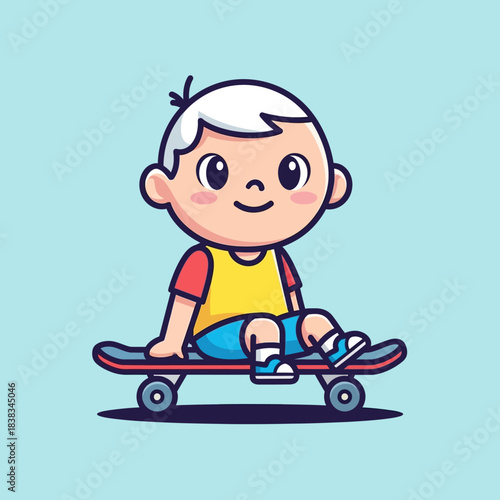 Cute cartoon boy sitting on a skateboard with a bright cheerful expression displayed happily