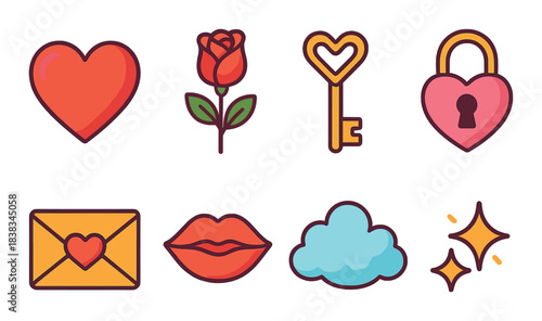 Romantic icons: heart, rose, key, lock, envelope, lips, cloud, sparkle