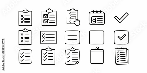 Hand-drawn collection of checklist and task management icons for productivity and planning apps, featuring to-do lists, calendars, and checkmarks, perfect for user interface design elements