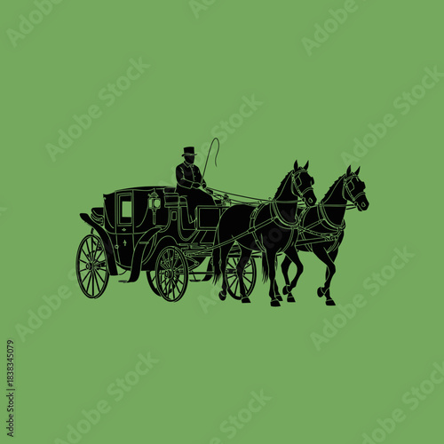 Elegance and Nostalgia: A Silhouette of a Horse-Drawn Carriage on a Green Backdrop