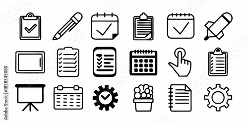 Collection of icons representing planning, organization, time management, and business tasks