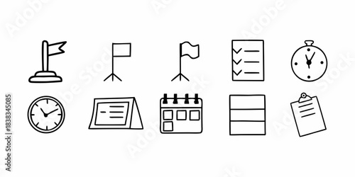 Hand-drawn outline vector icon set for business planning, time management, goal setting, and task organization, perfect for digital projects and presentations