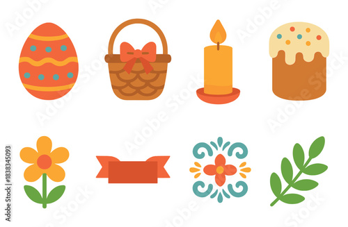 Vibrant easter icons featuring egg, basket, candle, cake, flower, ribbon, floral design, leaf