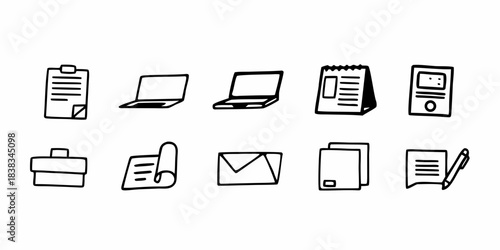 Collection of Hand-Drawn Icons Representing Business and Office Essentials, Including Laptops, Documents, and Mail