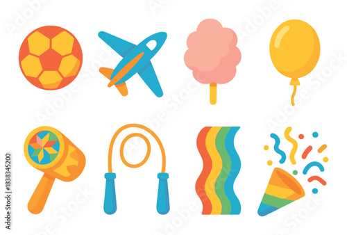 Colorful assorted kids toys and party items on a glowing background