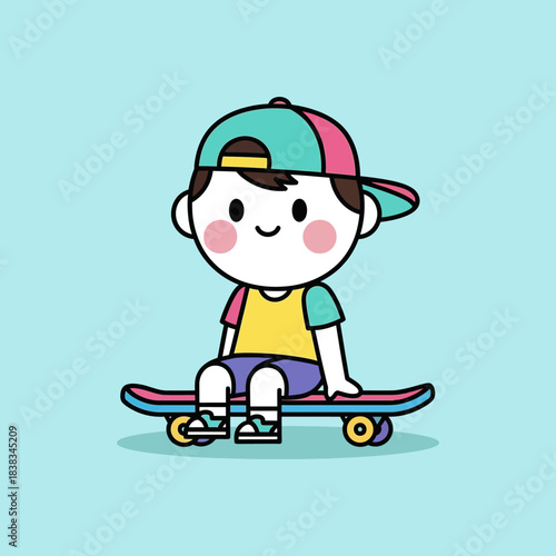 Cartoon skateboarder with relaxed pose evoking childhood joy and youthful energy