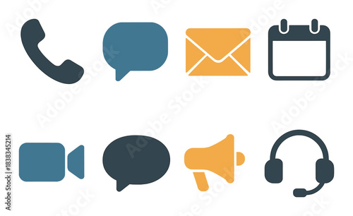 Glowing communication icons: phone, message, email, calendar, video, chat, megaphone, headset