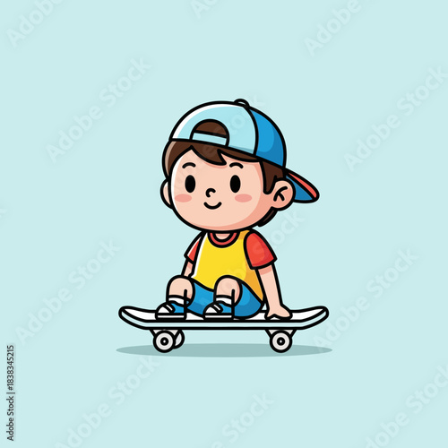Whimsical cartoon illustration of a young boy skateboarding with a joyful expression