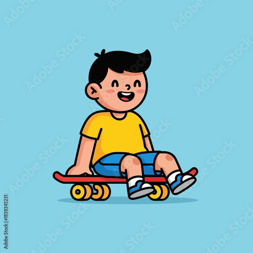 Cheerful young boy riding skateboard with joyful innocence and youthful enthusiasm in blue backdrop