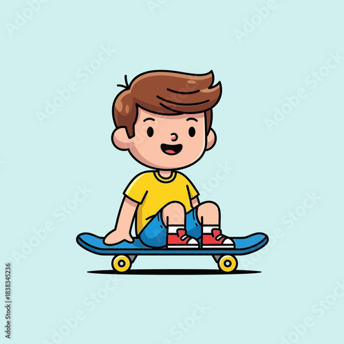 Cartoon boy enjoying skateboarding adventure with a playful expression of happiness and fun