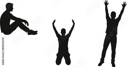 Silhouette set of men in expressive poses including sitting, kneeling, and celebrating with raised arms, representing emotion, freedom, and dynamic human movement in vector style