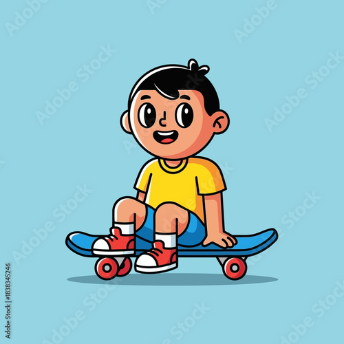 Cheerful cartoon boy riding a skateboard with a bright smile showcasing childhood joy and outdoor