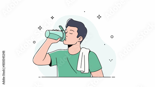 Man character drinking protein shake from shaker bottle after gym. Fitness and sport outline concept. Vector illustration.