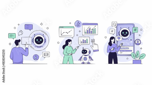 AI in business set. Characters using artificial intelligence generative tools to create social media post, presentation, content ideas. AI-powered marketing automation concept. Vector illustration.