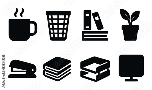 Dark silhouette icons of office supplies on gradient background