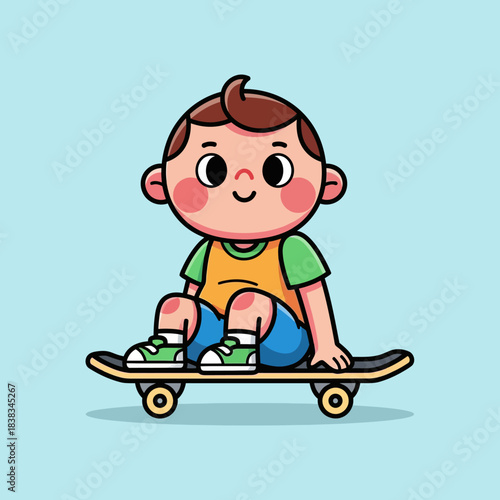 Cartoon illustration of a young boy sitting comfortably on his skateboard with a playful