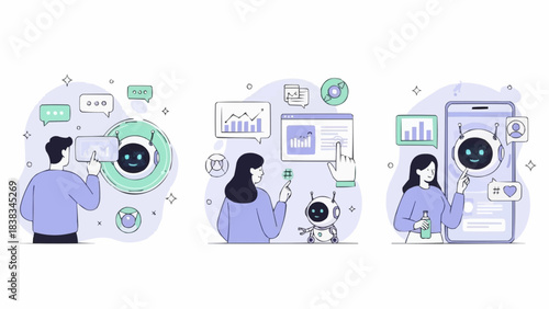 AI in business set. Characters using artificial intelligence generative tools to create social media post, presentation, content ideas. AI-powered marketing automation concept. Vector illustration.