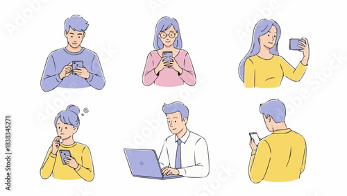 People with devices set. Female and male characters use smartphone, laptop, surfing the internet, browsing in social media. Business doodle concept. Vector illustration.