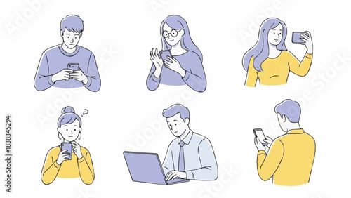 People with devices set. Female and male characters use smartphone, laptop, surfing the internet, browsing in social media. Business doodle concept. Vector illustration.