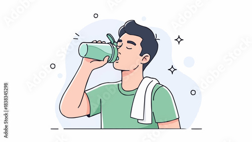 Man character drinking protein shake from shaker bottle after gym. Fitness and sport outline concept. Vector illustration.