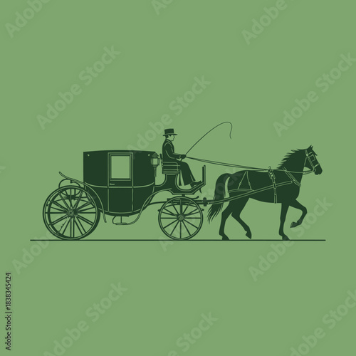 Elegant silhouette of a horse-drawn carriage on a serene sage green backdrop evoking historical