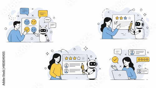 Feedback set. Characters use artificial intelligence to give review, fill survey form, analyze customer satisfaction, quality. User experience concept. Vector illustration.
