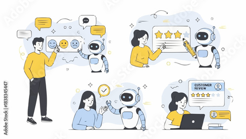 Feedback set. Characters use artificial intelligence to give review, fill survey form, analyze customer satisfaction, quality. User experience concept. Vector illustration.