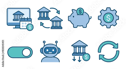 Financial technology icons: banking, transactions, automation, and savings concepts