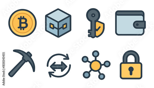 Cryptocurrency icons: bitcoin, blockchain, security, wallet, mining, exchange, network, lock