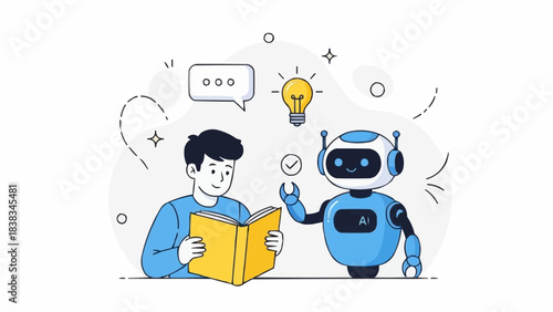 Student holding book and integrating with ai robot assistant for effective learning, studying. Education concept. Vector illustration.