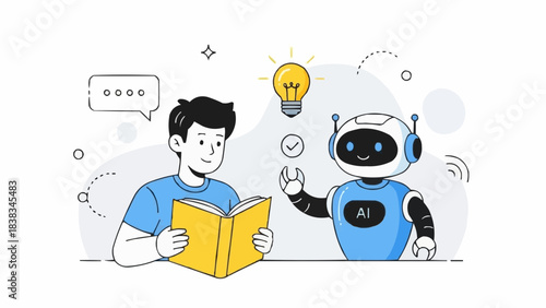 Student holding book and integrating with ai robot assistant for effective learning, studying. Education concept. Vector illustration.