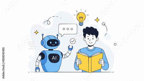 Student holding book and integrating with ai robot assistant for effective learning, studying. Education concept. Vector illustration.