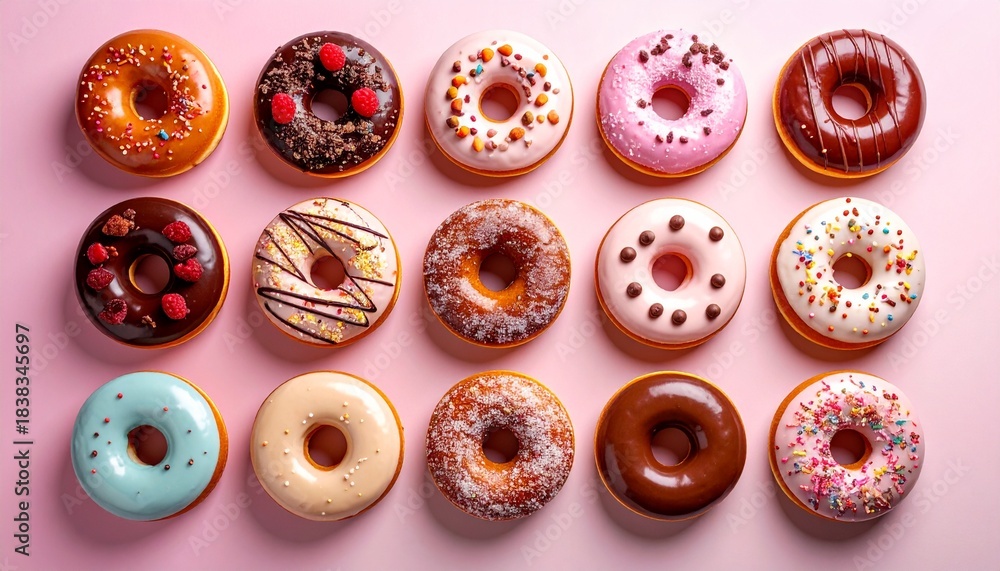 Obraz premium Colorful Donut Grid with Bright Pastel Arrangement for Modern Food Layouts