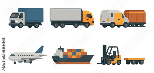 Variety of transportation vehicles: trucks, airplane, cargo ship, forklift in motion