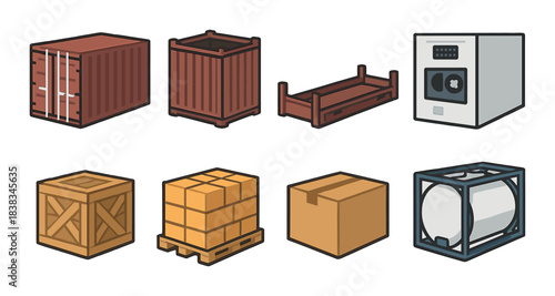Various storage containers and crates collection on gradient background