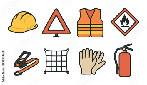 Essential safety equipment icons: hard hat, vest, gloves, fire extinguisher, warning signs