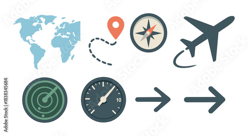 Global navigation icons: map, location, compass, airplane, radar, speedometer, direction