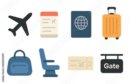 Travel icons set: airplane, passport, luggage, boarding pass, airport gate