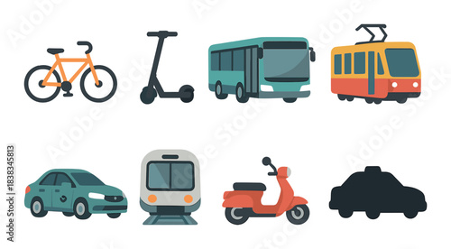 Illustrated urban transportation modes: bicycle, bus, tram, car, train, scooter, motorcycle