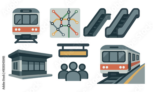 Urban transport icons: subway, train, map, escalator, ticket booth, platform