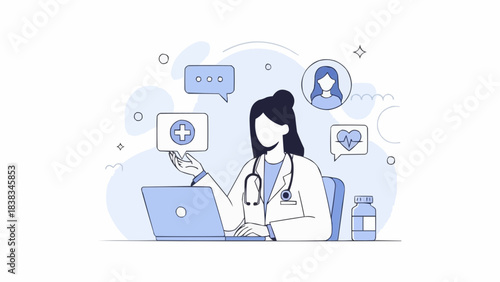 Doctor works on laptop and checks patients health online. Telemedicine, healthcare, virtual medical service concept. Vector illustration.

