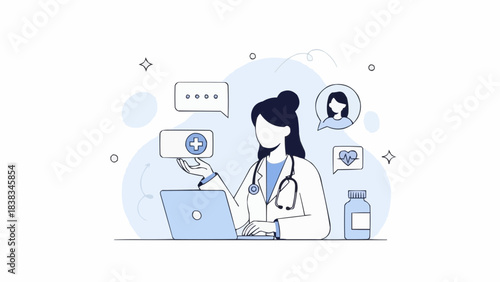 Doctor works on laptop and checks patients health online. Telemedicine, healthcare, virtual medical service concept. Vector illustration.

