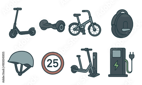 Eco-friendly urban transport icon set featuring scooters, bicycles, and charging stations