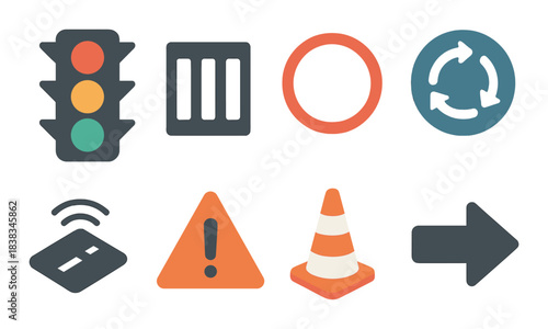 Traffic symbols and warning signs with traffic cone and exclamation mark