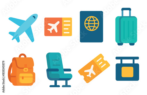 Travel essentials icons: airplane, luggage, passport, boarding pass, backpack