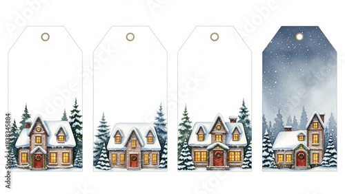 Watercolor Winter House Gift Tags with Snowy Cottage and Pine Trees, Cozy Christmas Printable Label Set