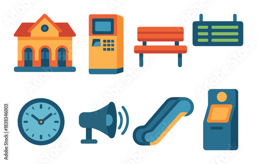Vibrant urban icons featuring bank, ticket machine, bench, sign, clock, megaphone, escalator, and info kiosk