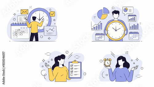 Project management set. Characters using scheduling tools to manage, prioritize, delegate tasks. Business and organization concept. Vector illustration.
