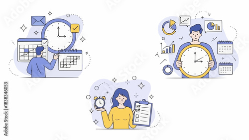 Project management set. Characters using scheduling tools to manage, prioritize, delegate tasks. Business and organization concept. Vector illustration.